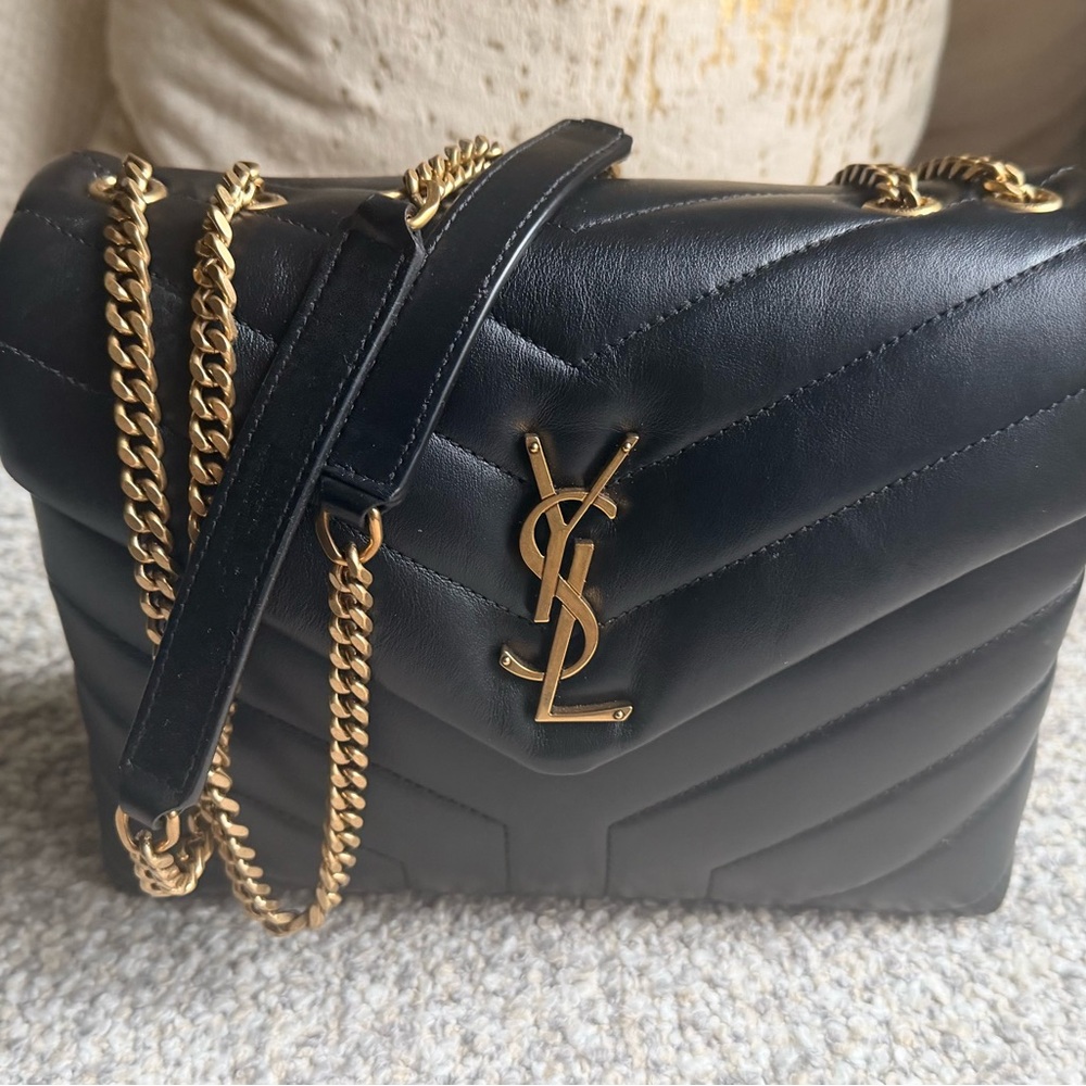 Yves Saint Laurent Black Leather Shoulder Bag with Gold Chain